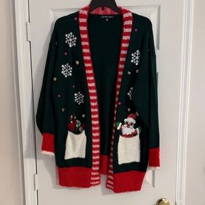 Festive “Ugly Sweater” Green Christmas Cardigan w/ Santa Pockets & Jingle Bells